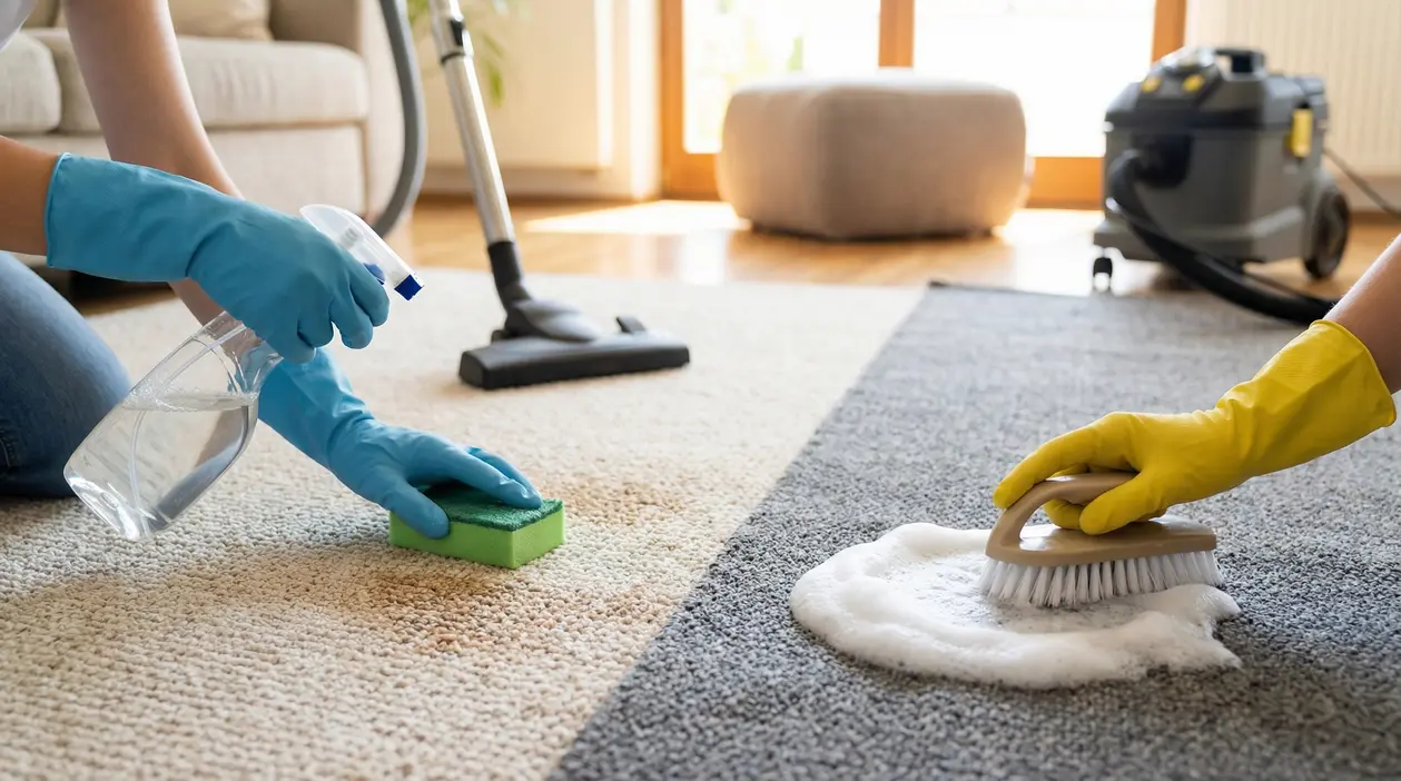 Due persone puliscono una moquette con spugna, spray e spazzola su un tappeto chiaro e grigio
