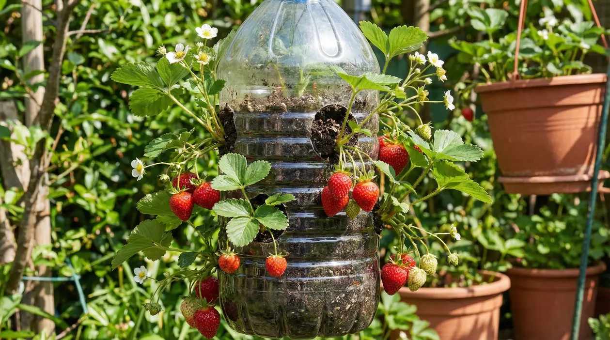 Fragole che crescono da una bottiglia di plastica appesa usata come vaso verticale