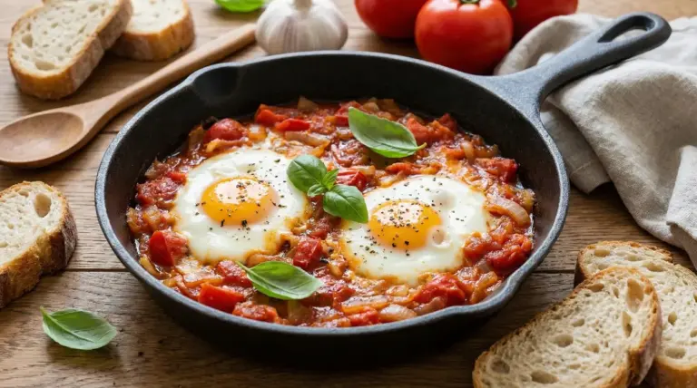 Uova al tegamino con pomodoro e cipolla servite in padella di ghisa con pane rustico