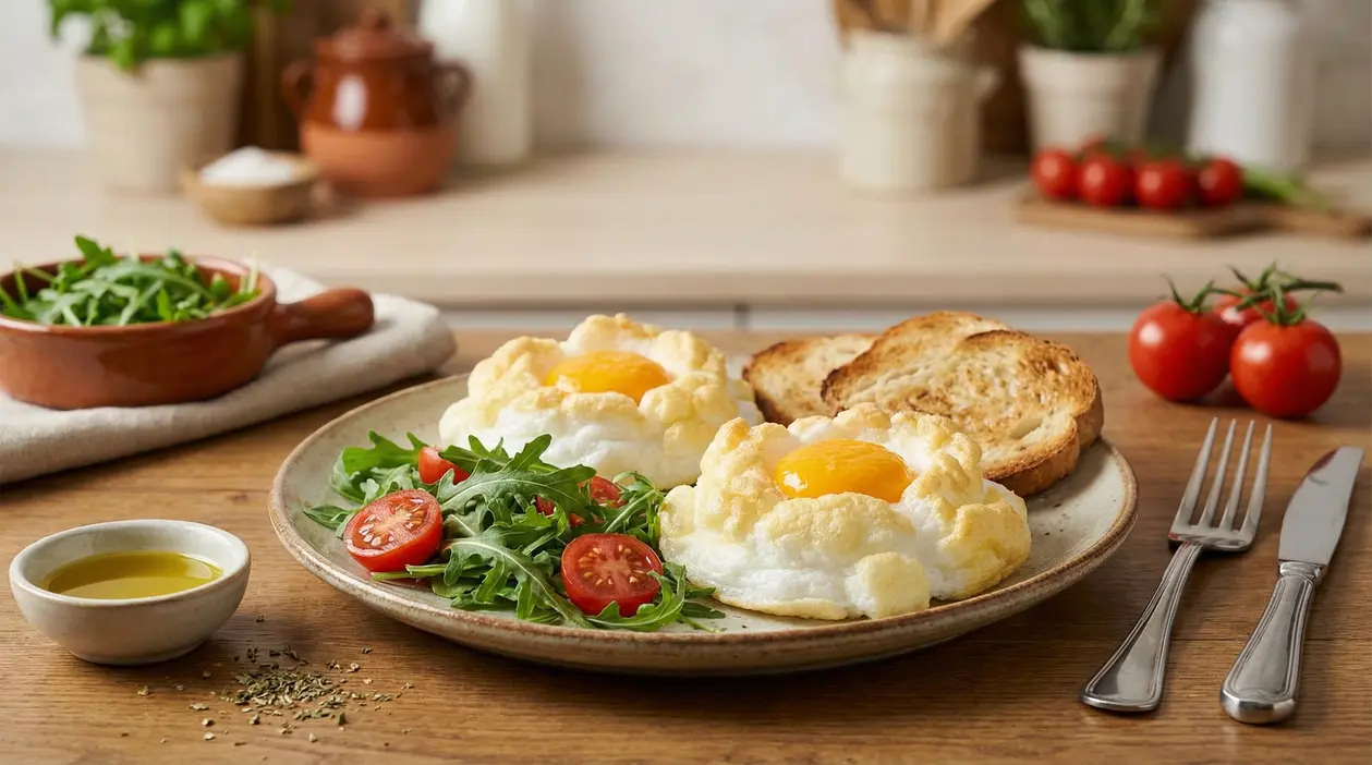 Uova alla Jova con tuorlo morbido su piatto con rucola, pomodorini e pane tostato