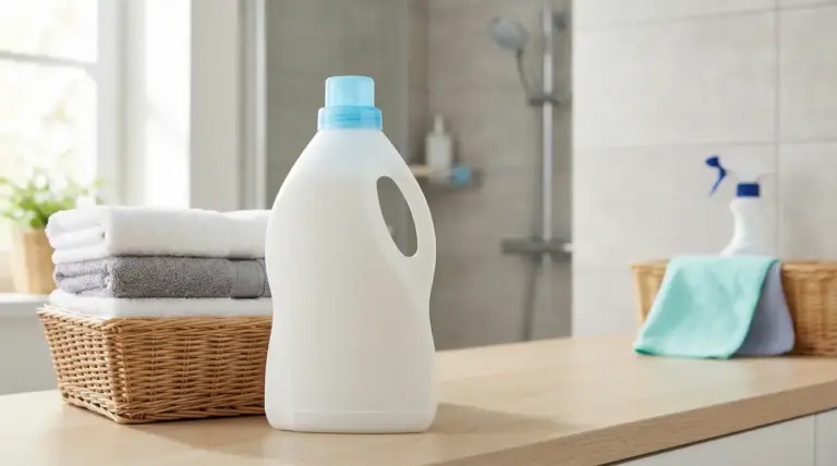 Bottiglia di ammorbidente su un piano in bagno accanto a cestini con asciugamani e panni piegati