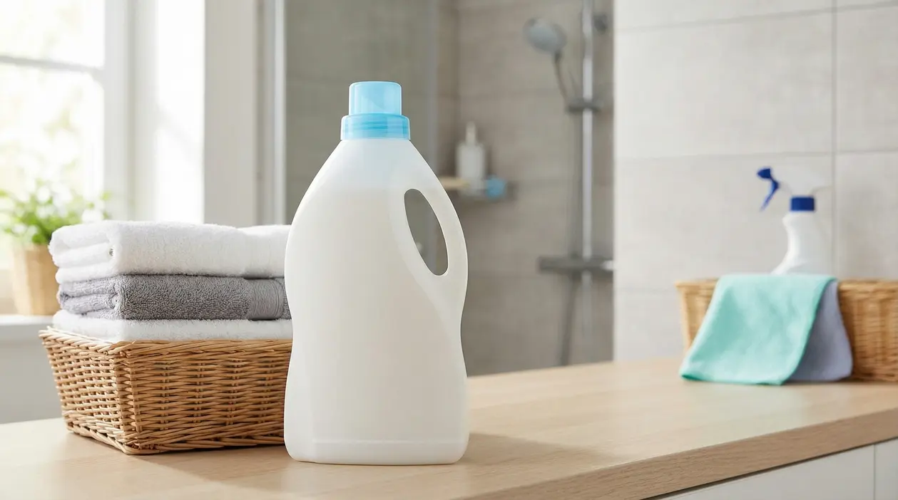 Bottiglia di ammorbidente su un piano in bagno accanto a cestini con asciugamani e panni piegati