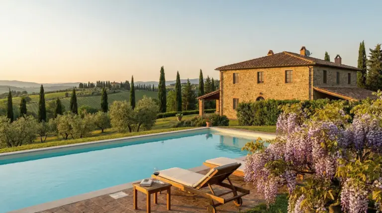 Piscina panoramica con vista sulle colline toscane e una casa in pietra