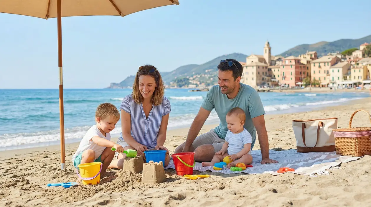 Famiglia con bambini piccoli che gioca sulla spiaggia sotto un ombrellone