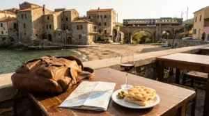 Panino, bicchiere di vino e mappa su un tavolo con vista su un borgo di mare italiano