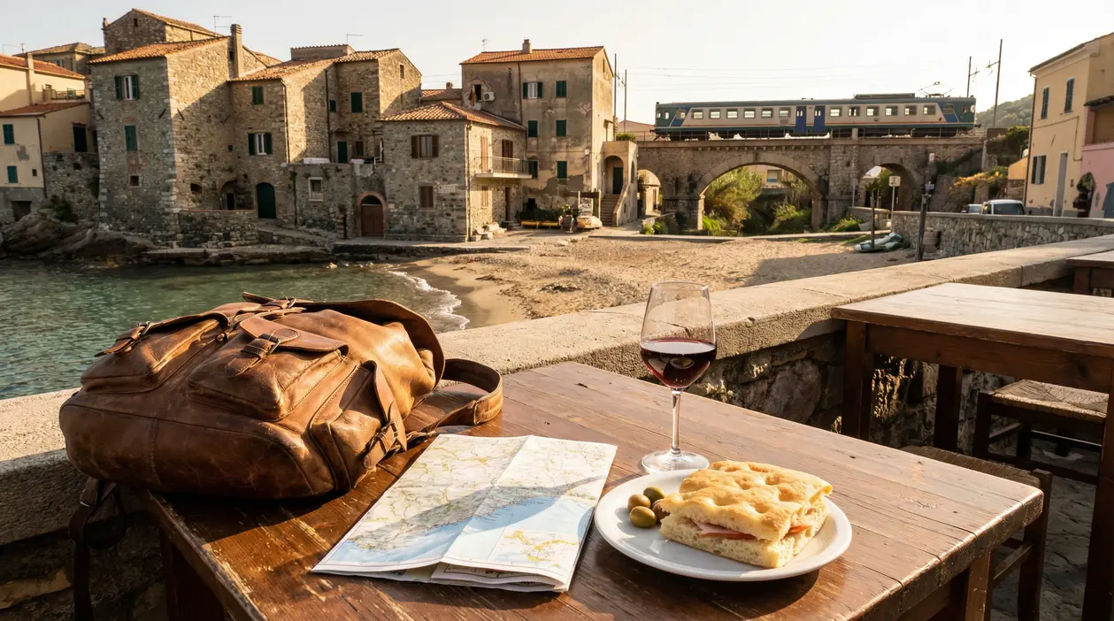 Panino, bicchiere di vino e mappa su un tavolo con vista su un borgo di mare italiano