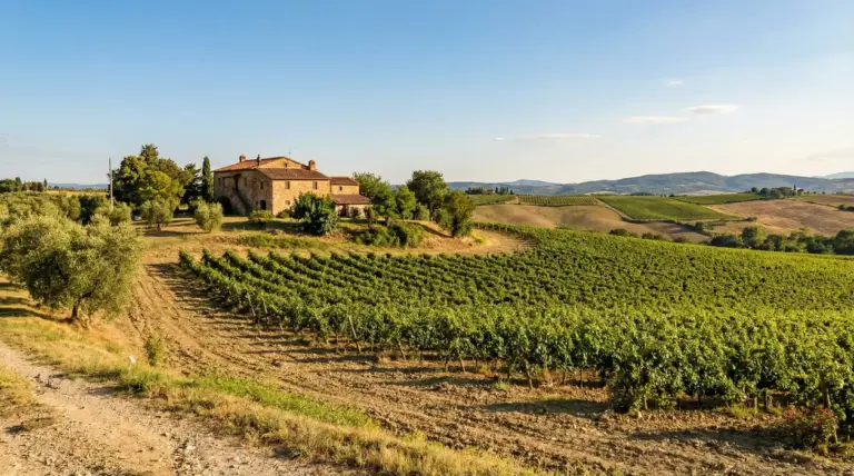 Vista panoramica di un terreno agricolo con vigneti e una casa rurale in collina