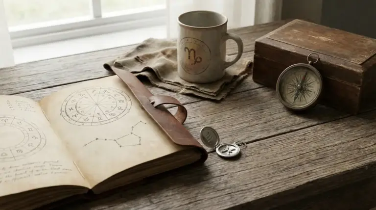 Taccuino con simboli zodiacali, tazza, bussola e oggetti su tavolo di legno