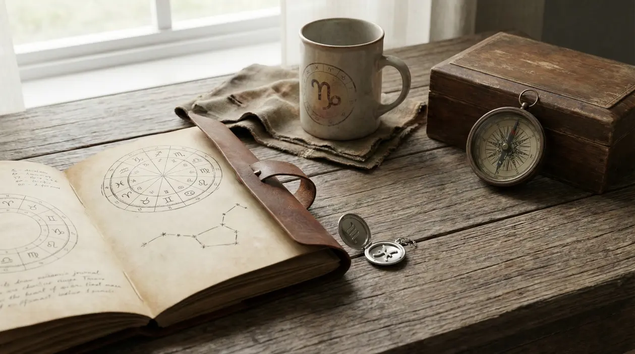 Taccuino con simboli zodiacali, tazza, bussola e oggetti su tavolo di legno